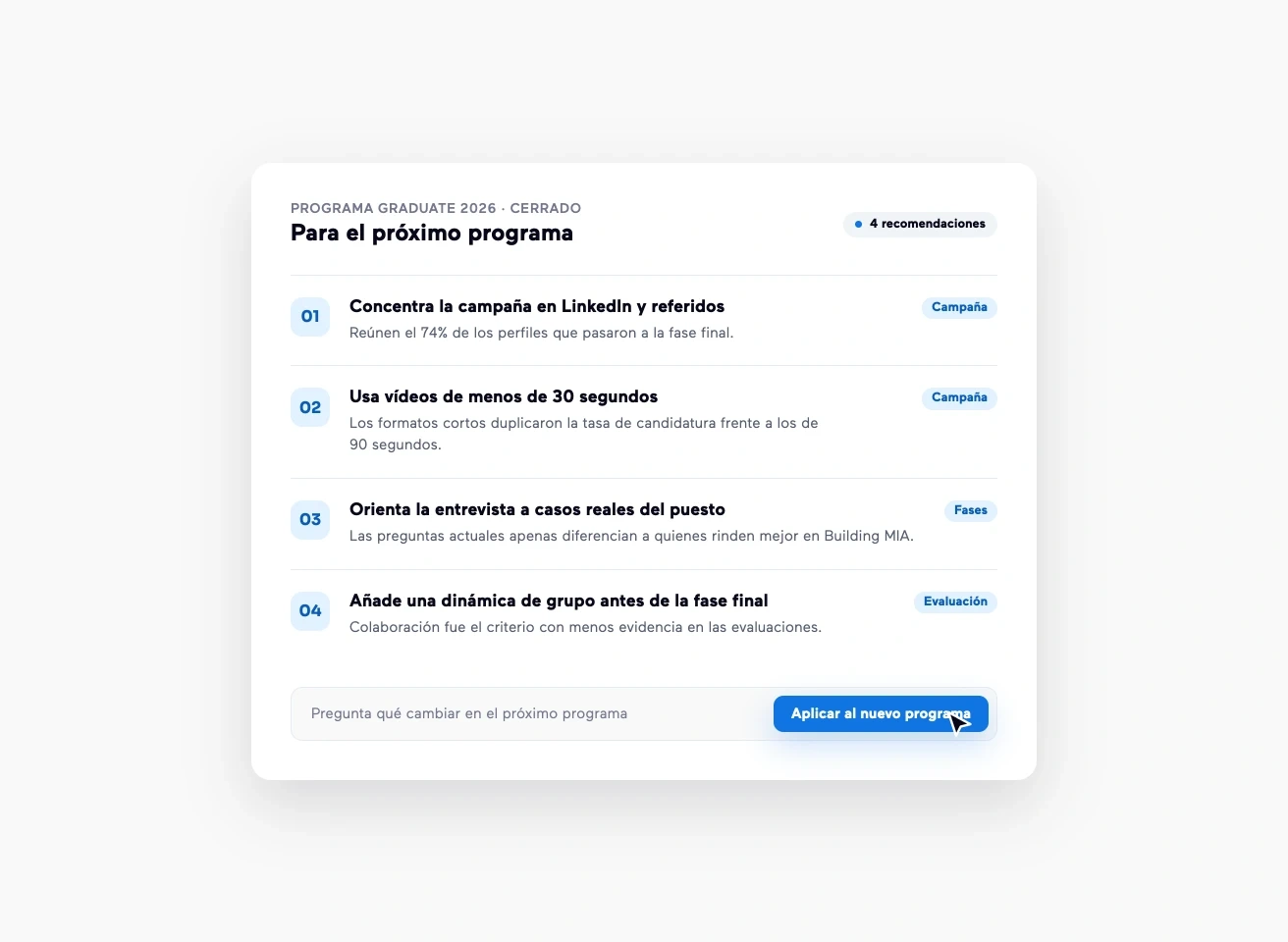 Cuatro recomendaciones para el próximo programa a partir de uno cerrado: concentrar la campaña en LinkedIn y referidos, usar vídeos de menos de 30 segundos, orientar la entrevista a casos reales del puesto y añadir una dinámica de grupo antes de la fase final