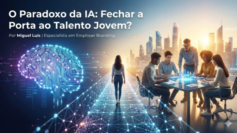 Infográfico sobre o paradoxo da IA e o futuro do talento jovem em Portugal